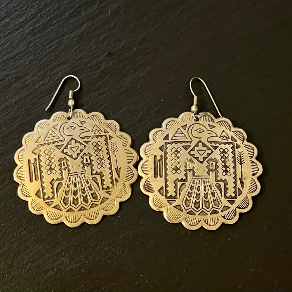 Vintage Aztec Bohemian Round Circular Etched Eagle French Hook Earrings